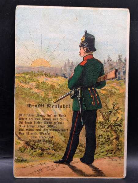 AK Ansichtskarte Postkarte Feldpost Prosit Neujahr Soldat Schöne Uniform Farbig