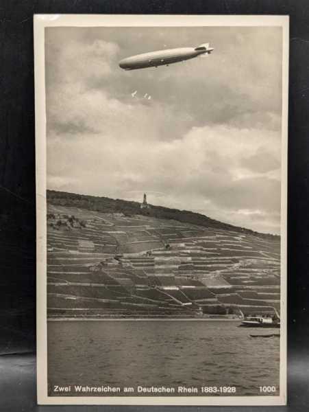 Ansichtskarte Zeppelin Feldpost Zwei Wahrzeichen am Deutschen Rhein 1883-1928