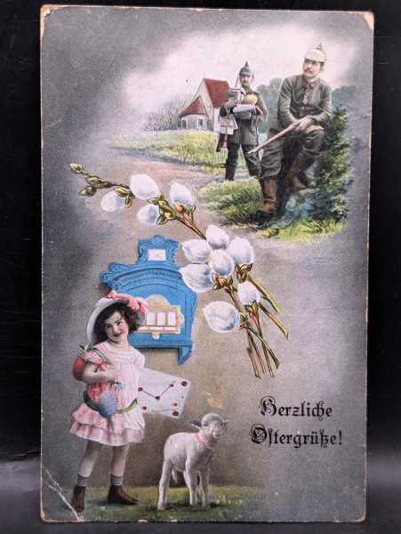 AK Ansichtskarte Postkarte Feldpost Ostergrüße Lam Kind Geschenke Soldaten