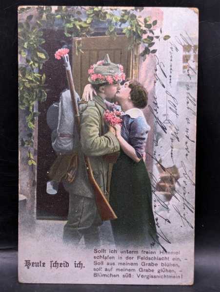 AK Ansichtskarte Postkarte Feldpost Soldat Frau abscheid Heut scheid ich