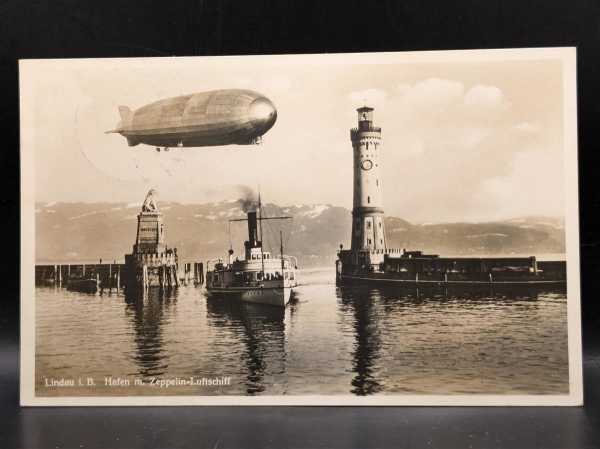 AK Ansichtskarte Postkarte Feldpost Foto Lindau Hafen mit Zeppelin-Luftschiff