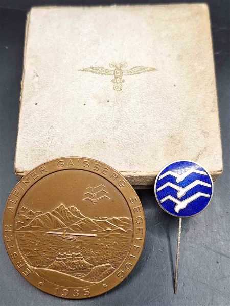 Erster Alpiner Gaisberg Segelflug 1935 Medaille Etui 3er Segelfliegerabzeichen