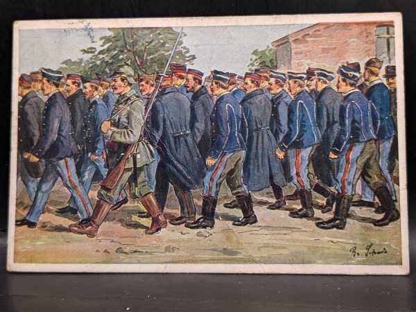 Postkarte AK Transport gefangener Belgischer Infanterie Artillerie Kavallerie