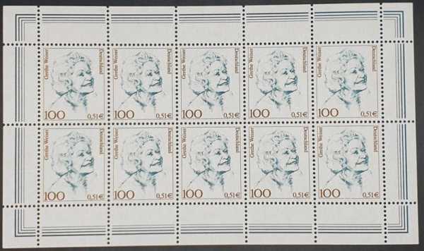 Bund Grethe Weiser Deutschland 100 Pfennig / 51 Cent Postfrisch Briefmarke Bogen