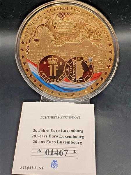 Münze Luxemburg 20 Jahre Euro 2018 mit Swarovski Vergoldet 110g / 70 mm RAR!