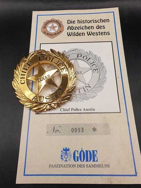 Chief Police Texas Austin Polizei USA Badge Insigne Abzeichen Wilden Westens