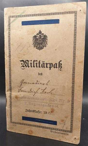 Militärpass Garde-Grenadier-Rgt. Nr.5 2. Rekrutendepot Spandau Preußen 1. WK