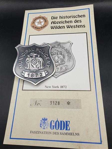 New York 1872 Municipal Police Polizei US Badge Insigne Abzeichen Wilden Westens