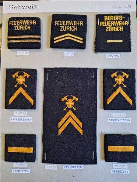 Schweiz Feuerwehr Mustertafel Rangabzeichen Zürich Feldweibel Wachtmeister RAR