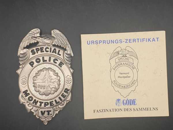 Special Police Montelier VT USA Polizei Police Badge Abzeichen Marke Insigne