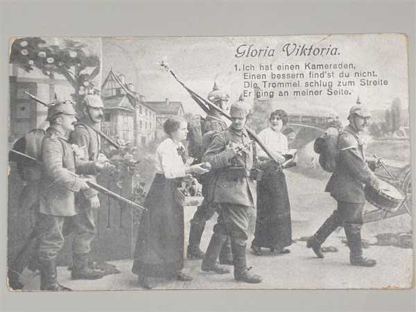 Ak Ansichtskarte Postkarte Feldpost Gloria Viktoria Soldaten Ich hat Kameraden