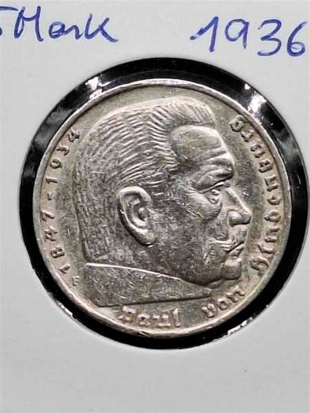 Deutsches Reich 5 Reichsmark 1936 F Silbermünze Paul von Hindenburg