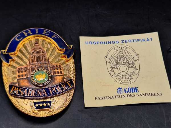 Chief Pasadena 1886 US Polizei Police Badge Abzeichen Marke Insigne Zertifikat