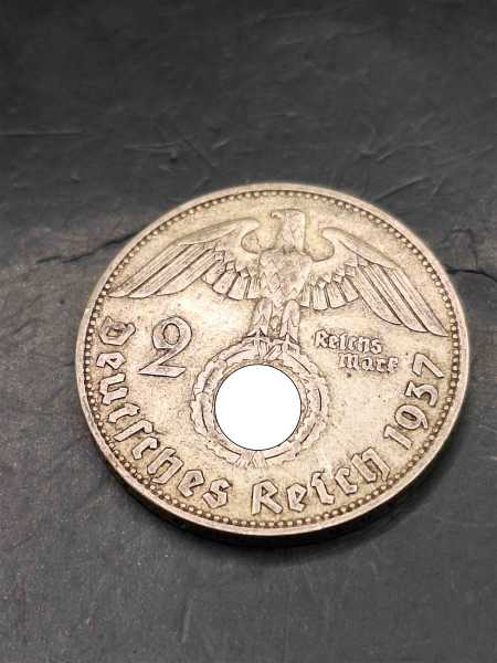 Silbermünze Deutsches Reich 1937 Mit HK -  2 Reichsmark Hindenburg Hersteller D