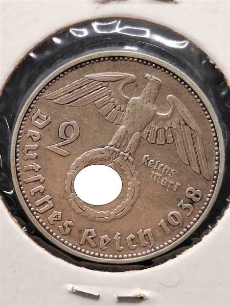 Silbermünze Deutsches Reich 1938 Mit HK -  2 Reichsmark Hersteller J Hindenburg