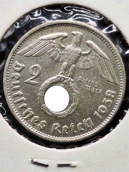 Silbermünze Deutsches Reich 1938 Mit HK -  2 Reichsmark Hersteller B Hindenburg