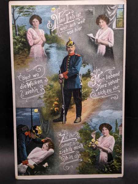 AK Ansichtskarte Postkarte Feldpost Coloriert Pickelhaube Soldat Fernweh Frau