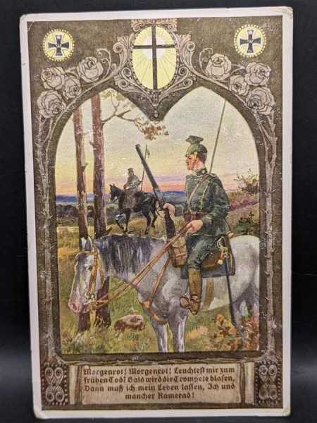 Ansichtskarte Postkarte Feldpost Künstlerkarte Morgenrot Soldaten Eiserne Kreuz