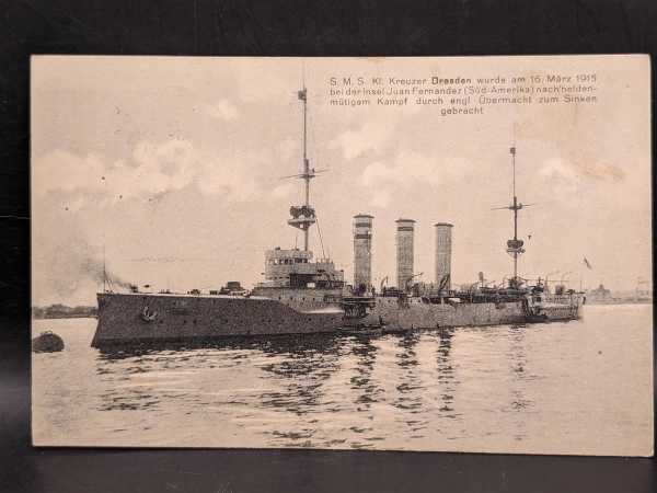 AK Ansichtskarte Postkarte Feldpost S.M.S. Kl. Kreuzer Dresden Gesunken 1915