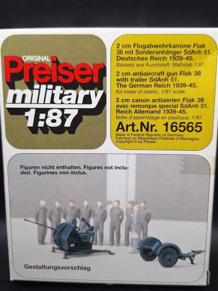 Preiser 16565 Military 1:87 2cm Flugabwehrkanone Flak 38 Deutsche Reich Figuren