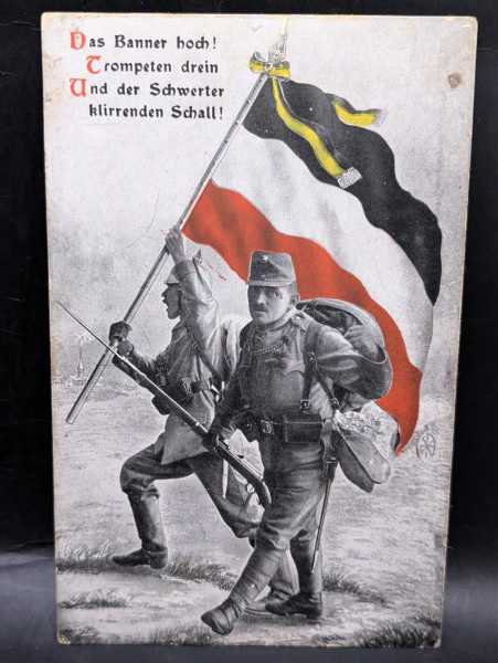 AK Ansichtskarte Postkarte Patriot Banner Hoch Schwerter Trompeten Soldaten