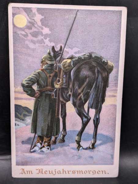 Ansichtskarte Postkarte Am Neujarsmorgen Soldat mit Pferd Speyer 1916 Feldpost