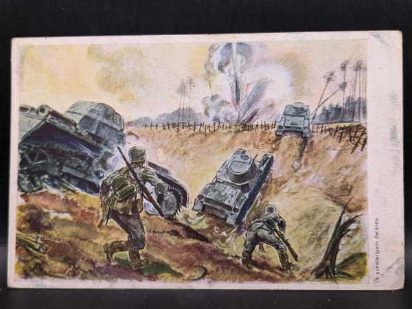 AK Ansichtskarte Postkarte 2. WK Panzer in Schwierigem Gelände Künstler Karte