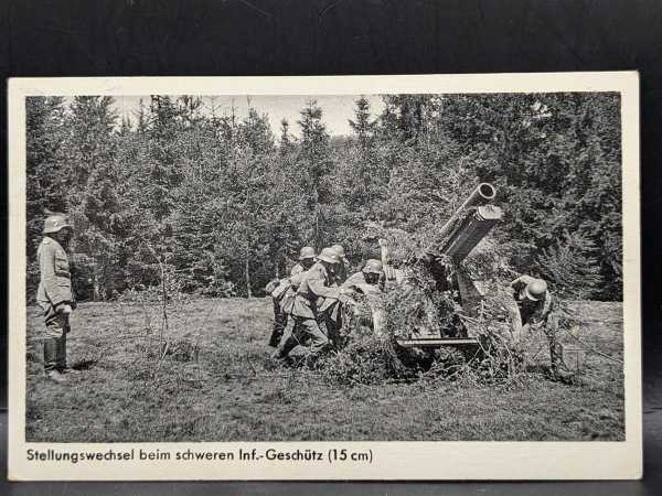 Ansichtskarte Postkarte 2. WK Stellungswechsel beim Schweren Inf. Geschütz 15 cm