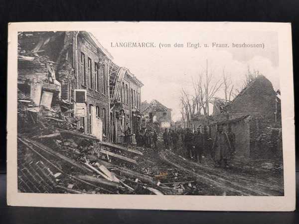 AK Ansichtskarte Postkarte Feldpost Langemarck von den Engl. u. Franz beschossen