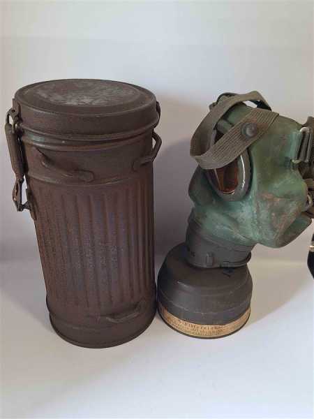 Gasmaske mit Behälter Gasmaskendose Mit Filter 1937 RARITÄT Luftschutz Militaria