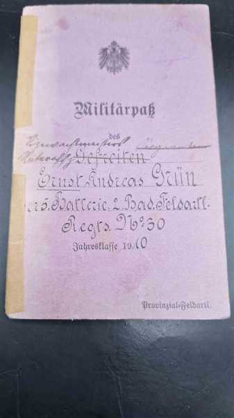 Militärpaß 2. Badi. Feldartillerie-Regiment Nr. 30  4 Eingetragene Orden Ek1 Ek2