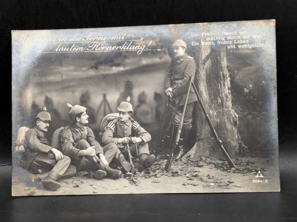 AK Ansichtskarte Postkarte Feldpost Hinaus in die Ferne mit lautem Hörnerklang